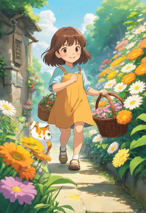 A 5-year-old girl picks flowers with a basket of flowers,ssmile, Next to it is followed by a round-eyed little flower cat,