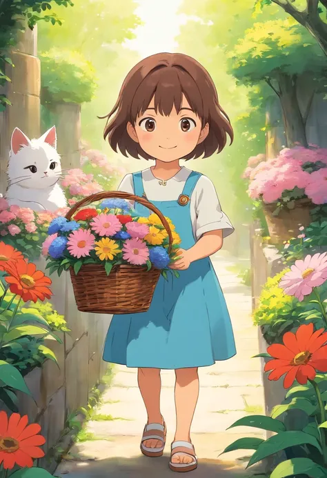 A 5-year-old girl picks flowers with a basket of flowers,ssmile, Next to it is followed by a round-eyed little flower cat,