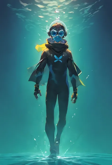 full body. Male freediver. Hooded wearing diving mask. heading down