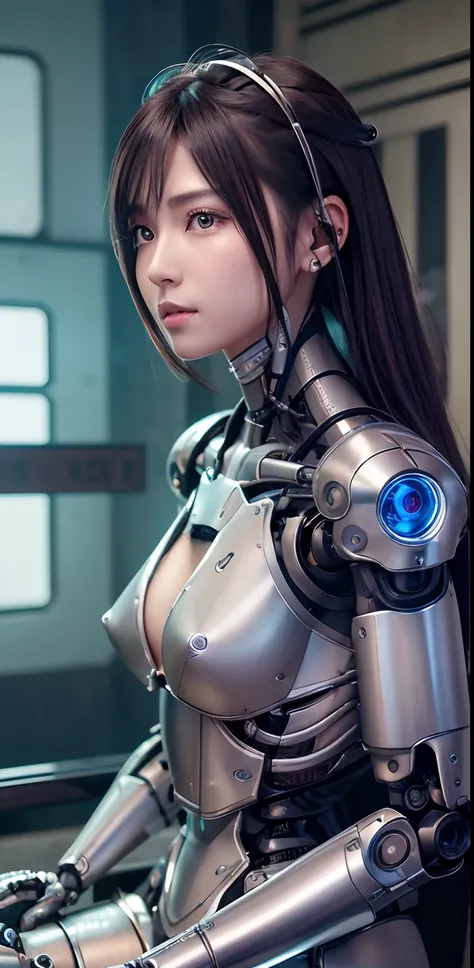 top-quality、​masterpiece、超A high resolution、(Photorealsitic:1.4)、((a beauty girl:1.6)), 1 full-body cyborg girl、sixteen years old、NOhumans、((The skin part is only the face)), Luminous Eyes、((Lots of split metal chest protectors)), Metal Robot、((The whole b...