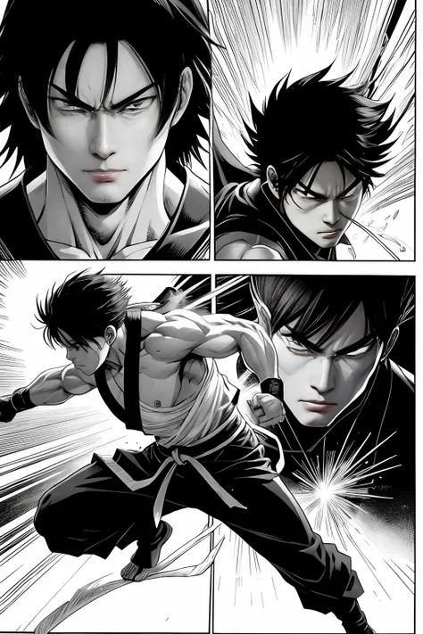 Black and white Japanese manga，There are multiple panels on a page:: Jump Magazine,Hot-blooded martial arts comics, A comic book about Hokuto,author：tatsuki fujimoto。Shake your fist，Fatal blow，Highly detailed dynamics reveal the films clear lines, Stunning...