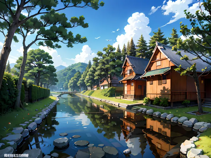 (Japanese town Landscape), (Hayao Miyazaki Style), cartoon, japanese townhouse, road, bend, small house, tree, pole, white cloud, landscape, outdoor, green trees, epic composition, realistic lighting, high-definition detail, masterpiece, the best quality, ...