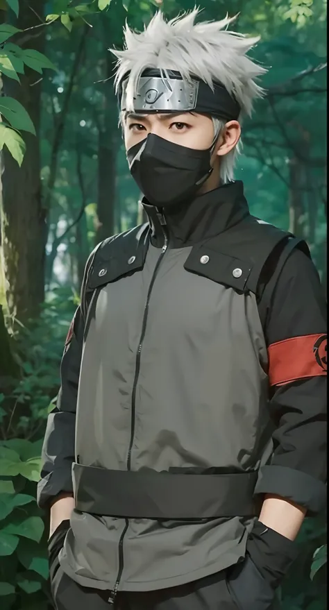 Real life adaption of this character,his name is Kakashi hatake from anime Naruto,Korean handsome face, realistic same outfit , realistic same hair, hyper realistic, realistic background jungle, realistic light, realistic shadow, realism,(photorealistic:1....