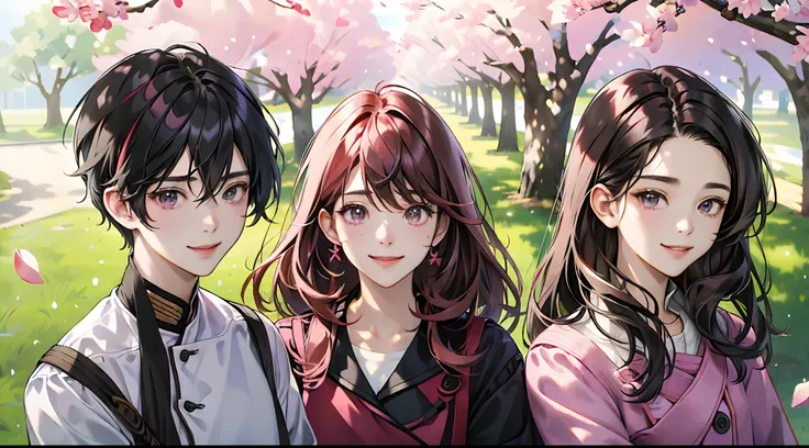 realisticlying、 Three Women、selfee、Face Extra Large Zoom、cherry trees、Face enhancement、Smile、Looking Up、View here、blurry backround（Woman in the middle、long straight with black hair and red highlights、（Lady on the far right、Long twin-tailed hair with pink h...