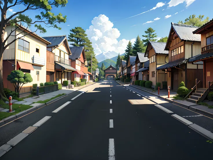 (Japanese town Landscape), (Hayao Miyazaki Style), cartoon, japanese townhouse, road, bend, small house, tree, pole, white cloud, landscape, outdoor, green trees, epic composition, realistic lighting, high-definition detail, masterpiece, the best quality, ...