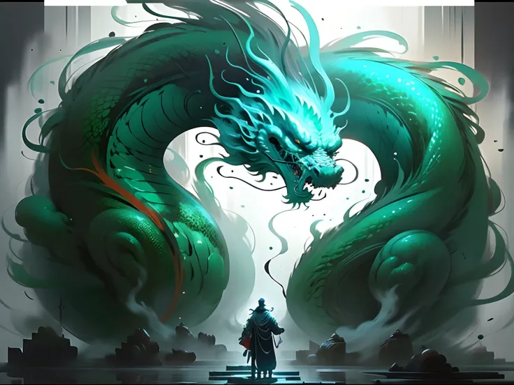 China-style，中景 the scene is，The Taoist priest stood in front of the huge green dragon，Stretch your hands，Long messy hair，Glow effects，Hyper-realistic，Ultra photo realsisim，Chinese black and white ink style，Silver，Decolorization，Smudge，ink，8K，super-fine，hig...