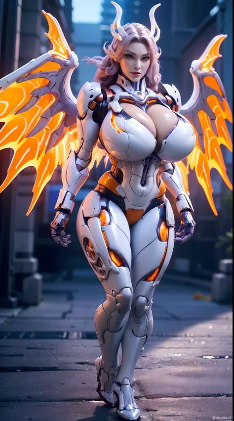 (DRAGON HEAD), HUGE FAKE BOOBS, (BEAUTIFUL FACE), (ORANGE, WHITE, PURPLE), (((A PAIR OF HUGE MECHANICAL WINGS SPREAD OUT))), FUTURISTIC DRAGON MECHA SUIT, (CLEAVAGE), (SKINTIGHT YOGA PANTS), (HIGH HEELS), (PERFECT BODY:1.2), (FULL BODY VIEW), FRONT, (WALKI...