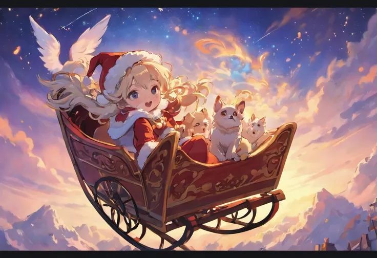 Cute colouring book lineart, Pixar Style Santa Claus in a beautiful sleigh, being pulled across the sky by cute white fluffy puppies, lineart for colouring page, thin black precise lines on white background,