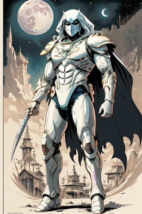 midshot, cel-shading style, centered image, (ultra detailed illustration of (moon knight) of marvel comics posing), broodish, ((...