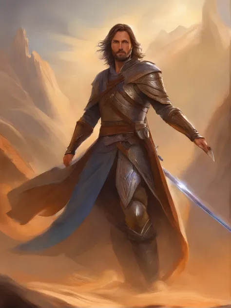 Rey Aragorn, armadura plateada, corona en la cabeza, brown hair and beard, Pose heroica, Altamente detallado, alta calidad, expresion serena, Parece Viggo Mortensen, imagen cuerpo completo