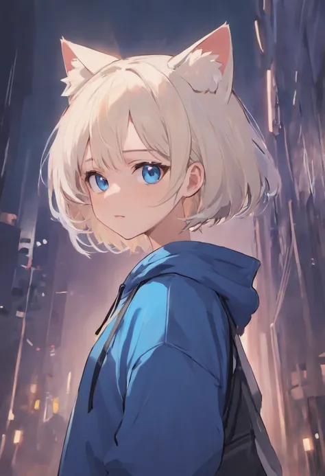 teens girl，There are cat ears on the head，blue color eyes，Short white hair，Black sweatshirt，Hand in pocket，sideface，white backgrounid