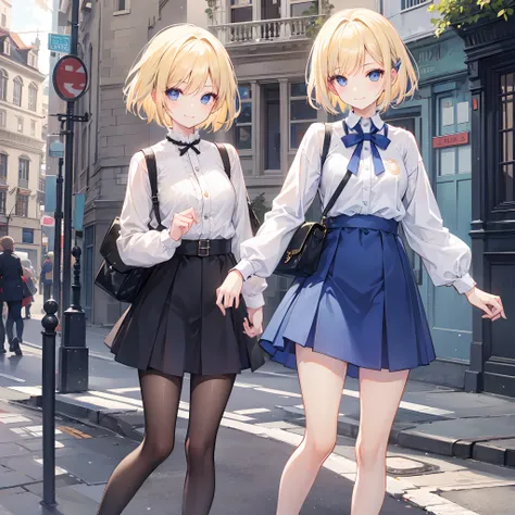 1 girl, smiling, european, skirt, (small) chillerism, short blonde hair, European street