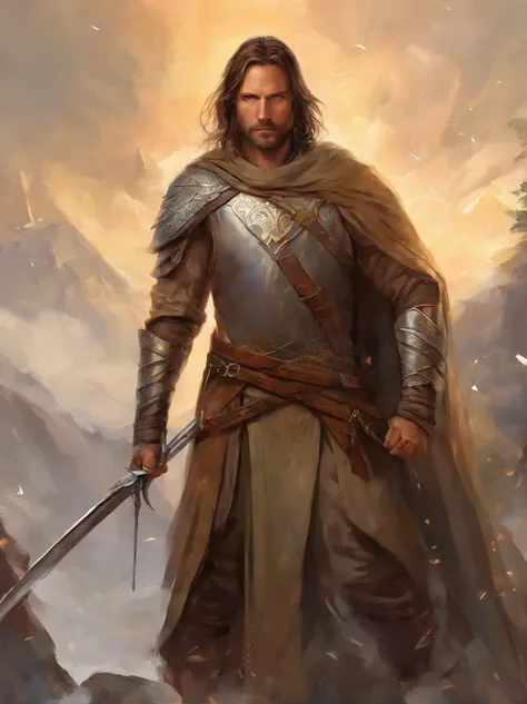 Rey Aragorn, armadura plateada, corona en la cabeza, brown hair and beard, Pose heroica, Altamente detallado, alta calidad, expresion serena, Parece Viggo Mortensen, imagen cuerpo completo, bow and arrows