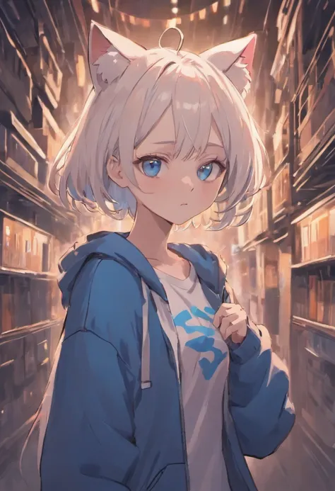 teens girl，There are cat ears on the head，blue color eyes，Short white hair，Black sweatshirt，Hand in pocket，sideface