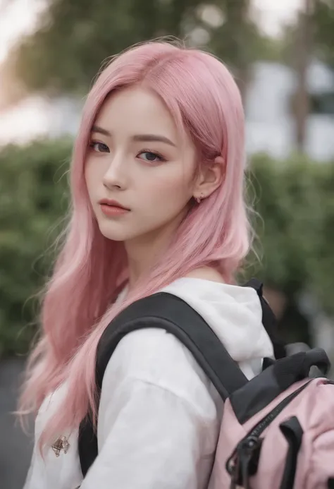 Anime girl with pink hair with backpack, She is seen wearing streetwear pieces, with pink hair, portrait of jossi of blackpink, ulzzangs, ((Pink)), jossi of blackpink, lalisa manoban of blackpink, wearing cyberpunk streetwear, japanese streetwear, With lon...