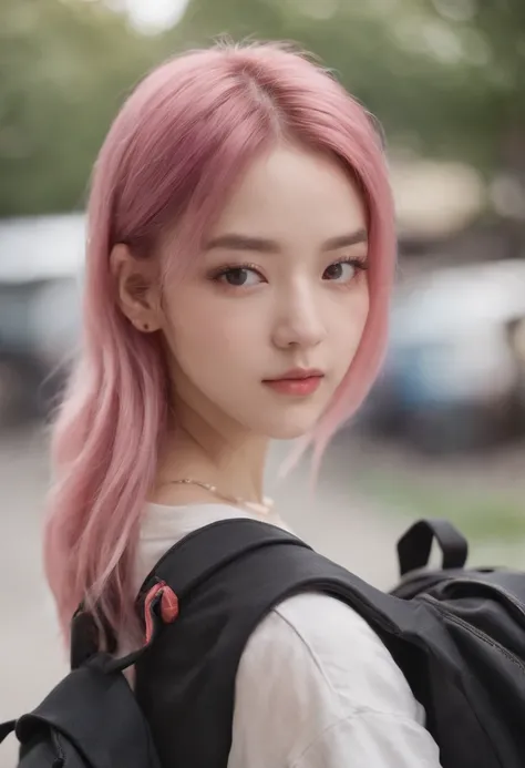 Anime girl with pink hair with backpack, She is seen wearing streetwear pieces, with pink hair, portrait of jossi of blackpink, ulzzangs, ((Pink)), jossi of blackpink, lalisa manoban of blackpink, wearing cyberpunk streetwear, japanese streetwear, With lon...