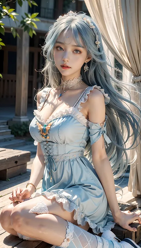 meticulous portrayal of face，1 noblewoman，(Lace orange Lolita maxi dress)，(Long flowing light blue hair)，Exquisite jewelry all over the body，Collar，Anklets，head chain，Lace-trimmed socks，(Lolita shoes)， s the perfect face， perfect hand， Perfect Finger， Perf...