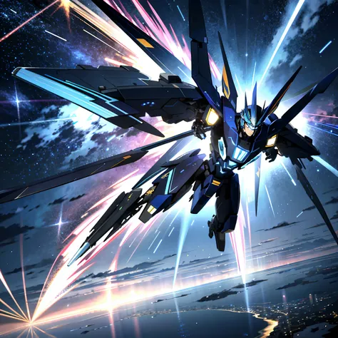 Absurd resolution, High resolution, (masutepiece: 1.4), Hyper-detailing, mechs, Blue airplane with blue wings, Flying in the sky (1.8) The background is wild, thunder、cosmic space、Wearing lightning、Emitting lines、warp、boost、teleportation、High-speed movemen...