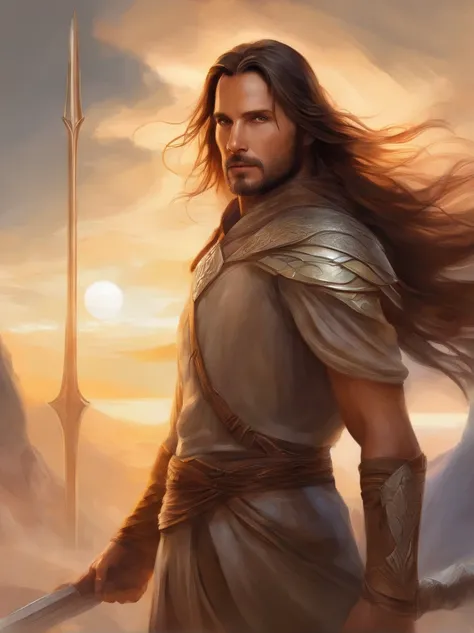 Rey Aragorn, armadura plateada, corona en la cabeza, brown hair and beard, Pose heroica, Altamente detallado, alta calidad, serene expression, Parece Viggo Mortensen, imagen cuerpo completo, Arco y flechas, Background of mountains and sun