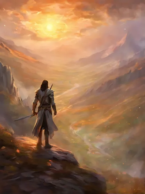 Rey Aragorn, armadura plateada, corona en la cabeza, brown hair and beard, Pose heroica, Altamente detallado, alta calidad, serene expression, Parece Viggo Mortensen, imagen cuerpo completo, Arco y flechas, Background of mountains and sun