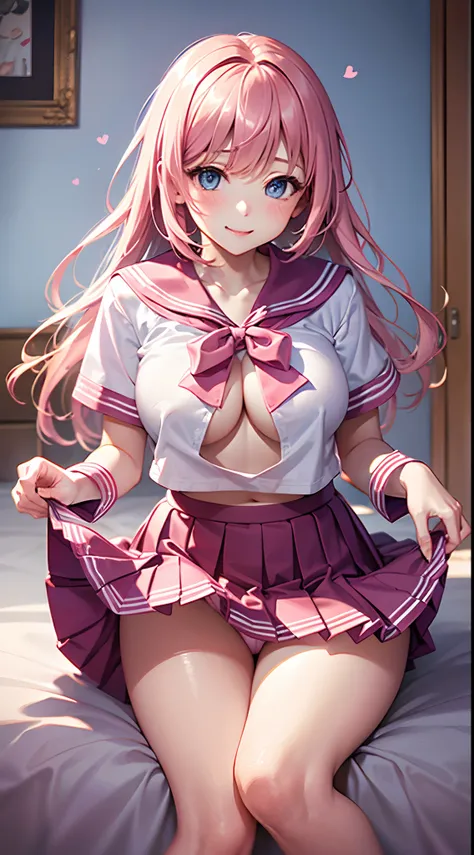 Beautiful illustration、top-quality、Cute little girl s、Bedroom、A pink-haired、length hair、(((Pink pleated skirt)))、(((pink sailor suit)))、shortsleeves、Colossal tits、a navel、Flipping up the skirt with your hands、Show white panties、Pull up your skirt and show ...