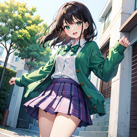 Super delicate and cute girl with black hair、a junior high school student、14years、8K Ultra High Definition, Delicate texture,Medium Hair、flat chest、Her eyes are dark purple、(School Uniforms:1.2), (Wearing a pastel green cardigan over a white shirt:1.3), (P...