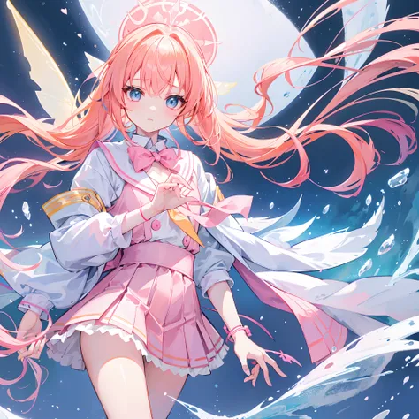 Long light orange hair，Pink bow，Fairy braids，Nurse uniform light orange long hair，Pink bow，Fairy braids，nurses uniform，The hands are slightly blue，White figure eight bangs，Fairies in soft clothes flutter blue and white yarn，She is a fairy-like sword repair...