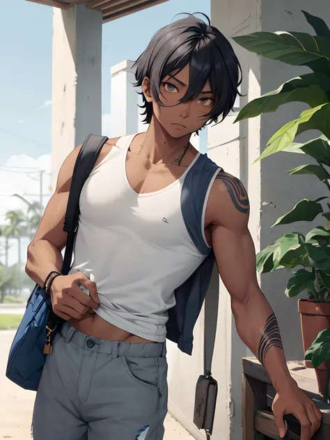 Eriyasu Haiiro:

510", wiry and toned physique.
Tan skin with a small compass tattoo under the left eye.
Hazel eyes, sharp and observant.
Ash-gray, short, tousled hair with a cobalt blue streak.
Wears an earth-toned vest, faded white shirt, patched pants, ...