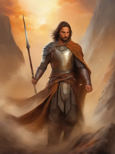 Rey Aragorn, armadura plateada, corona en la cabeza, brown hair and beard, Pose heroica, Altamente detallado, alta calidad, serene expression, Parece Viggo Mortensen, imagen cuerpo completo, arco y flechas, Background of mountains and sun