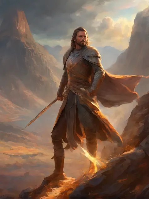 Rey Aragorn, armadura plateada, corona en la cabeza, brown hair and beard, Pose heroica, Altamente detallado, alta calidad, serene expression, Parece Viggo Mortensen, imagen cuerpo completo, arco y flechas, Background of mountains and sun