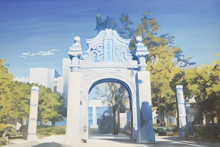 Manhwa Style，in style of hayao miyazaki，blue-sky，The sun shines in the shadows，Arch of history，Pillars of solemnity