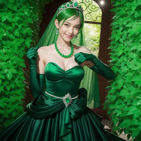 emerald tiara, Green Pearl Necklace, Boyish very short green hair, lipsticks, Japan woman smiling, very short short hair, fist, big breasts beautiful, Green eyes, Long green gloves made of satin material, Green eyes, Emerald Earrings