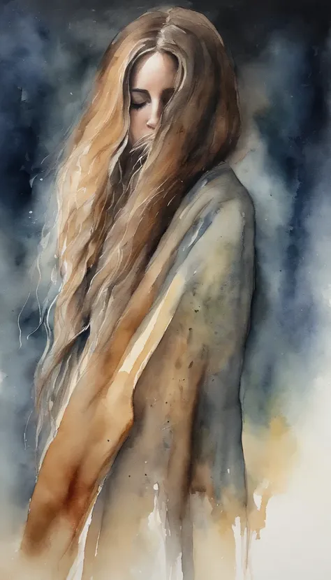 A woman with long hair standing at dusk so long that she cant see her face