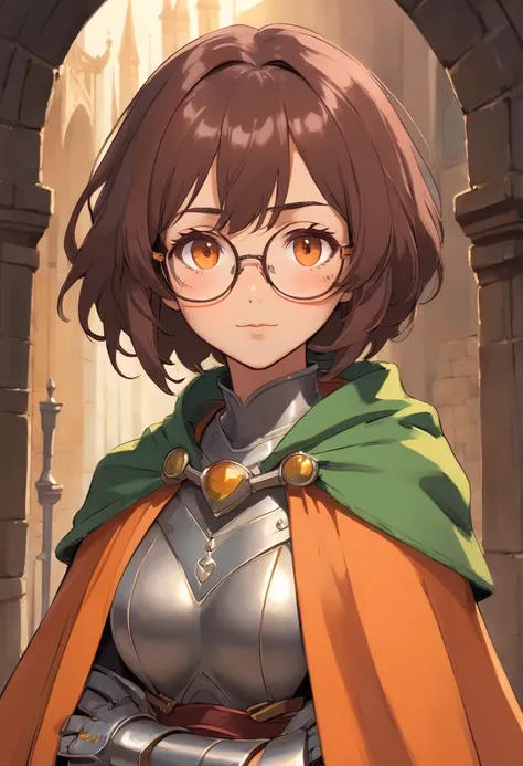 Perscription glasses, dark skin, short wavy hair, light orange eyes, dark lip stick, dark lip gloss, athletic, cleavage, smirking, wide eyes, green medieval cloak, steel armor, thick thighs, hands behind back, standing, facing viewer