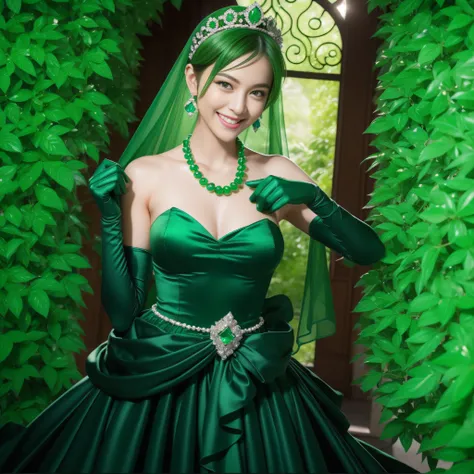 emerald tiara, Green Pearl Necklace, Boyish very short green hair, lipsticks, Japan woman smiling, very short short hair, fist, big breasts beautiful, Green eyes, Long green gloves made of satin material, Green eyes, Emerald Earrings