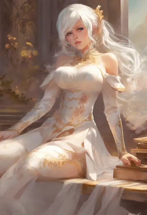 2b from nier automata, sitting on a bed, decent ass, mature face, curvy, normal boobs, bright lighting, body facing forwards, mature face, blush, peace sign with both hands, sophisticated, no expression, tight clothes, long hair, leggings, brah, headband, ...