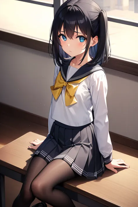 blue colored eyes, medium hair, black hair, two sides up, double tails, (flat chest:1.2), 
break black socks, bow, neck bowtie, ...