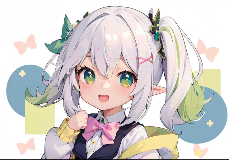 Anime girl with white hair and green eyes with bow tie, Elf Girl, elf girl wearing an flower suit, Loli, nyaruko-san, anime girl with cat ears, Kawaii realistic portrait, anime moe art style, Splash art anime Loli, cute character, anime visual of a cute gi...