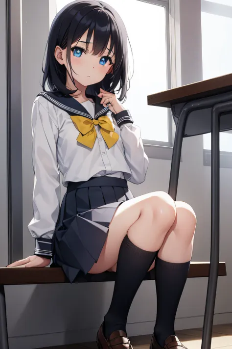 blue colored eyes, medium hair, black hair, two sides up, double tails, (flat chest:1.2), 
break black socks, bow, neck bowtie, ...