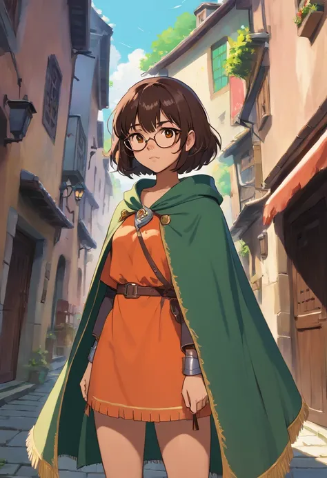 Perscription glasses, dark skin, ((short wavy hair, bangs, fringe)), light orange eyes, dark lip stick, dark lip gloss, athletic, cleavage, smirking, wide eyes, green medieval cloak, steel armor, thick thighs, hands behind back, standing, facing viewer