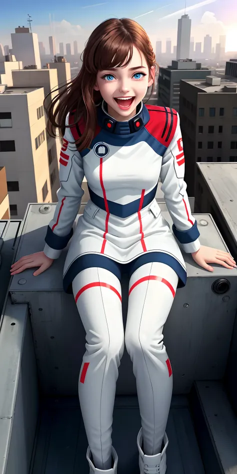 teens girl，White-red military uniform，Futuristic military uniform with minimalist design，brunette color hair，blue color eyes，glowing light eyes，Outdoor rooftop，Overlooking the city，2D illustration，Lively and vivid expression,Great happiness，big laughter，Op...