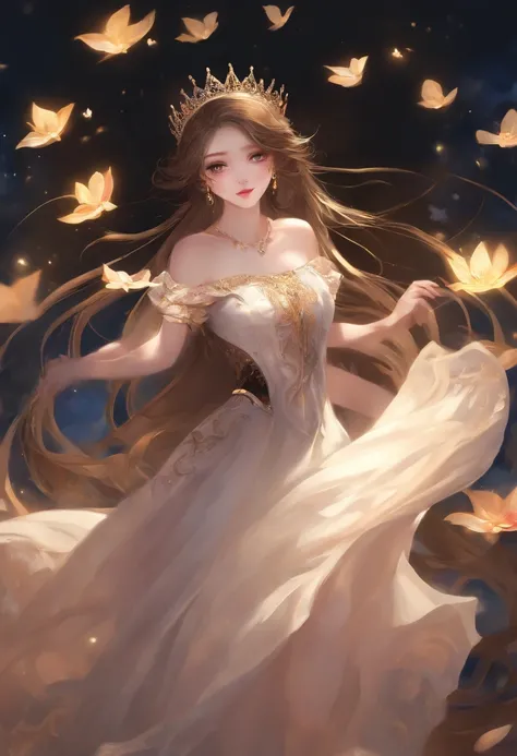 masterpiece, best quality, 1girl, solo, ((mature female)), round pupils, long hair, hair, princess, black dress, fantasy, happy, looking at viewer, cartoon, anime, (oil painting)