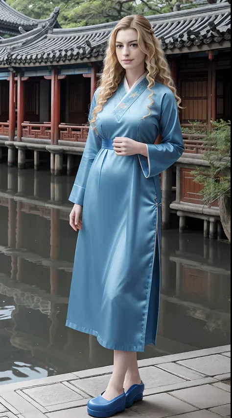 anne hathaway,long blonde curly hairs ,blue eyes,large breasts, wearing ocean blue 汉服，wearing clogs,traditional Chinese Suzhou garden