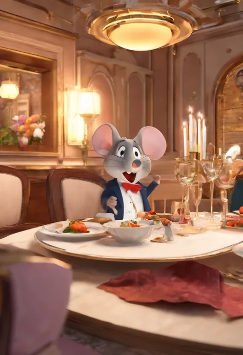 A mouse，Sit at the dining table，The restaurant is quaint and elegant，The mouse is like a gentleman，With a knife and fork, he was enjoying a plate of steak in front of him