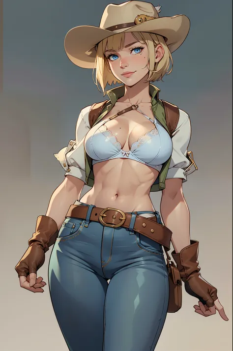 1girl, cowboy hat, white bra, green vest, no sleeves, navel, blue jeans, brown boots, fingerless gloves, short gloves, slight smile, short hair, blonde hair, parted bangs, blue eyes, mole under right eye, American Old West background, belt, best quality, m...