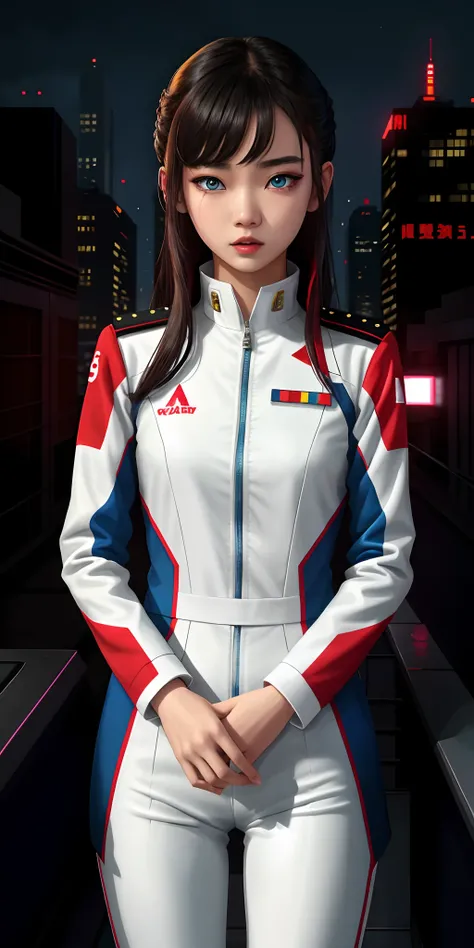 Asian women，18years  girl，White-red military uniform，Futuristic military uniform with minimalist design，brunette color hair，blue color eyes，glowing light eyes，Outdoor rooftop，Overlooking the city，2D illustration，Lively and vivid expression changes，(vred|re...