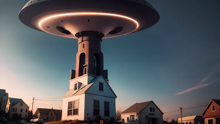 UFO invasion in typical American small town, seen from below