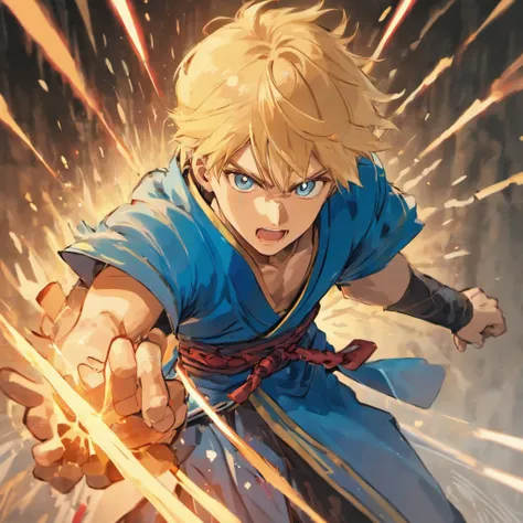 one male, anime, samurai, blonde hair, blonde beard, blue samurai armor, attacking, slashing, katana, water, middle aged, 4k, unbeatable masterpiece