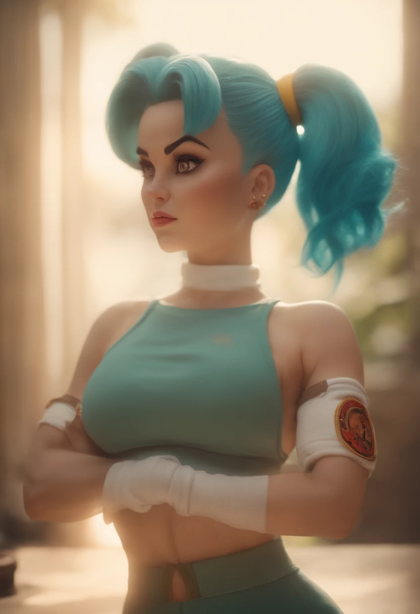 Bulma con solo piel, unas tetas copa D, and large wide female genitals, con una pose exitante