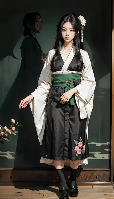 meticulous portrayal of face，1 noblewoman，(Camellia kimono)，(Long flowing black and green hair)，Simple and elegant Japanese clothing，Collar，(black sock，clogs)， s the perfect face， perfect hand， Perfect Finger， Perfect lips， perfect  eyes，Extremely normal b...